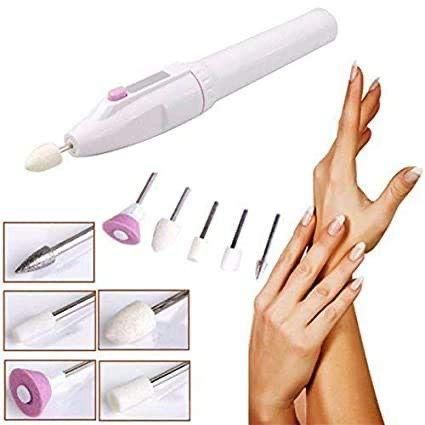 Portable nail drill with attachments and hands showing manicured nails, text on image